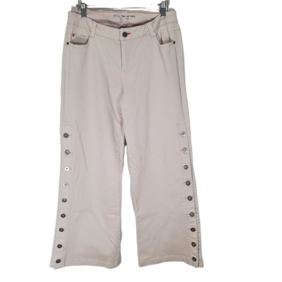 Peace Love World Denim - PEACE LOVE WORLD Womens Jeans Beige Wide Flare Button Leg Midrise Size 8 Petite